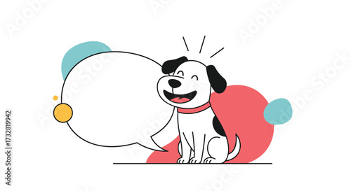 A happy dog sits next to a large speech bubble in this cartoon illustration.
