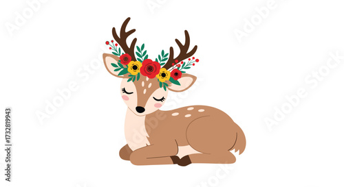 Cute baby deer with a floral crown resting peacefully.