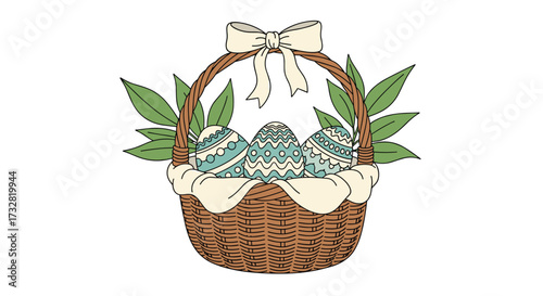 A woven basket filled with decorative easter eggs and green leaves.