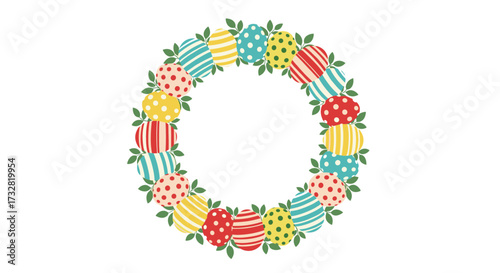 A festive Easter wreath adorned with colorful patterned eggs and green leaves. 