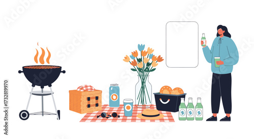 A summer picnic with grilling food and drinks outdoors.