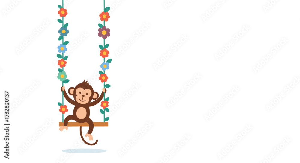 Naklejka premium A happy monkey enjoys a swing decorated with colorful flowers.