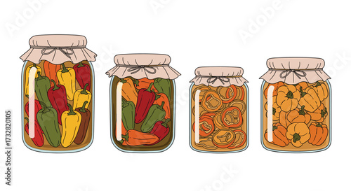 Four jars filled with preserved colorful peppers and chopped vegetables.