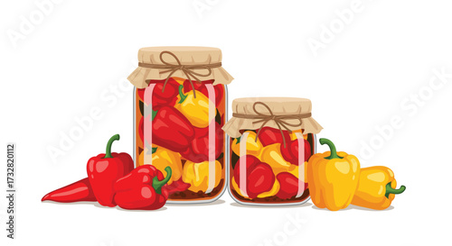 Preserved bell peppers in jars with fresh vegetables on the side.