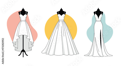 Beautiful wedding dresses on mannequins are displayed.