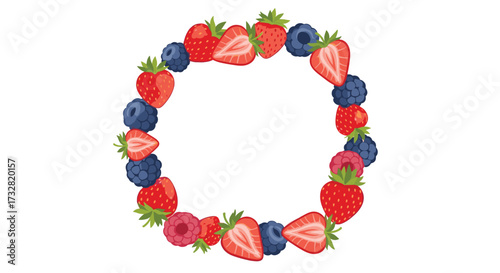 A circular arrangement of fresh mixed berries including strawberries blueberries and raspberries.
