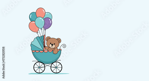 A cute teddy bear riding in a baby stroller with balloons.