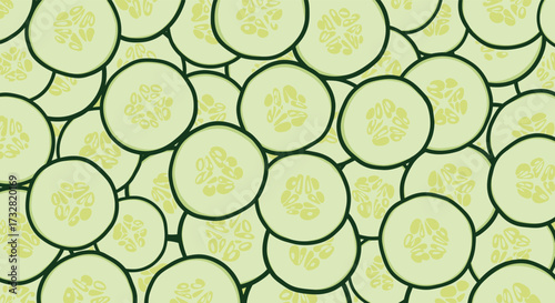 Abstract pattern of fresh sliced cucumbers filling the entire frame.