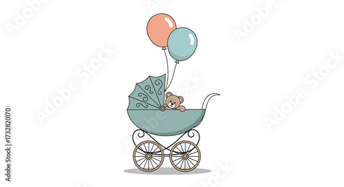 A vintage baby carriage with a teddy bear and balloons is a delightful scene.