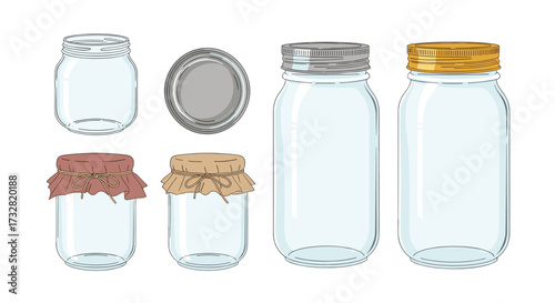 Various empty glass jars with different lids and sizes.