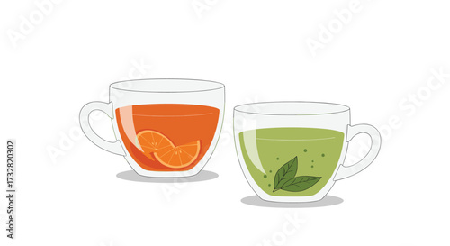 Two cups of refreshing hot beverages with fruit and mint.