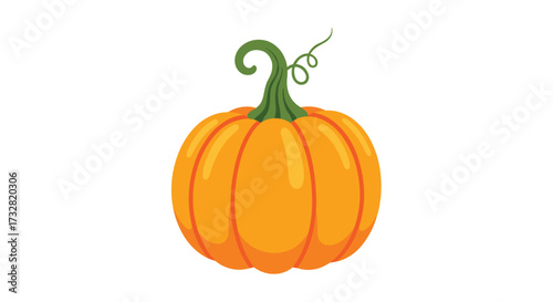 A vibrant orange pumpkin with a curly green stem sits on a white background.