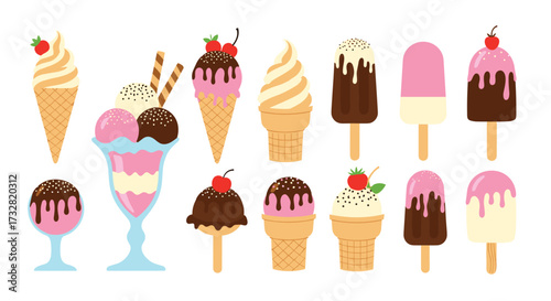 A sweet collection of delicious frozen treats including ice cream cones sundaes and popsicles.
