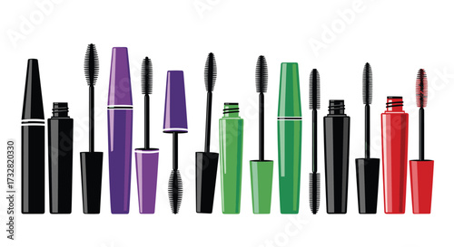 A variety of colorful mascara tubes and applicators are displayed in a line.