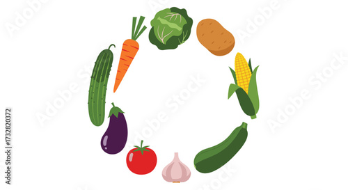 A vibrant circle of fresh vegetables including cucumber eggplant tomato garlic zucchini corn potato carrot and cabbage.