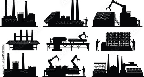 Industrial factories and automation, robotic arms, solar panels, smokestacks with smoke, renewable energy