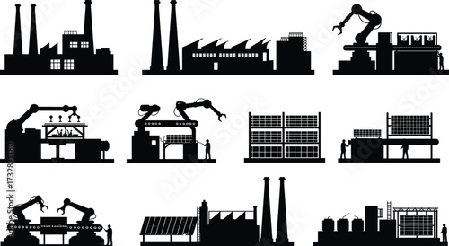Industrial factories and automation, robotic arms, solar panels, smokestacks with smoke, renewable energy