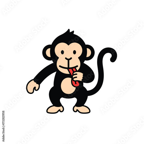Cartoon primate with black fur sticking out its red tongue playfully isolated on white background