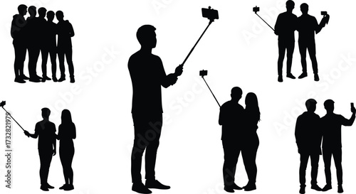 Black silhouettes of individuals and groups taking selfies with selfie sticks — perfect for social media, friendship, travel, technology, and modern communication design themes