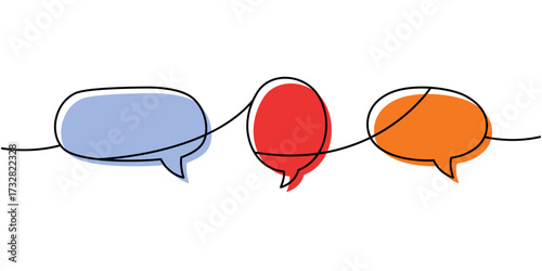 Continuous line art with three colorful speech bubbles in blue, red and orange. Minimalist outline design for communication and dialogue themes