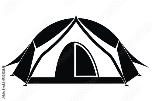 A single domed camping tent is outlined in black against a white background