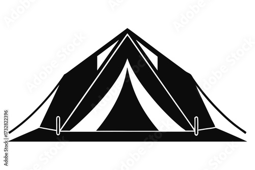 A simplistic black camping tent is displayed prominently on a stark white background