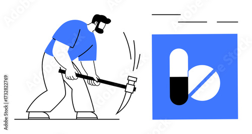 Man swinging hammer near oversized capsule and tablet icons, challenging traditional medicine. Ideal for health choices, alternative treatment, healthcare change, personal decisions, disruption