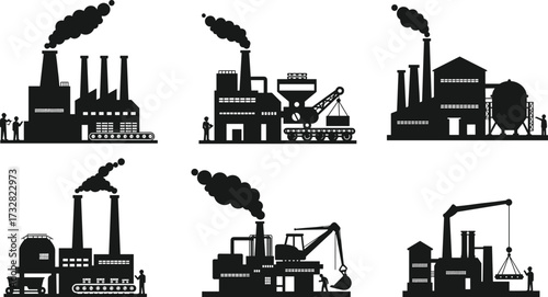 Industrial factory vector illustration, manufacturing plant silhouette, smoke chimney, construction site