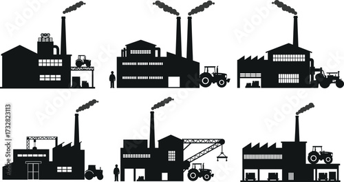 Industrial factory vector illustration, manufacturing plant silhouette, smoke chimney, construction site