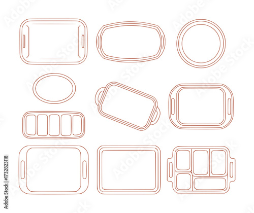 Collection of various serving trays and platters in outline style
