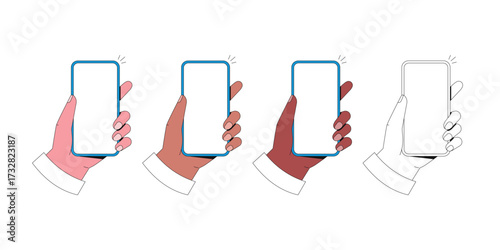 Male Hand with phone. Smartphone with empty screen. Diverse skin colour. Isolated in white