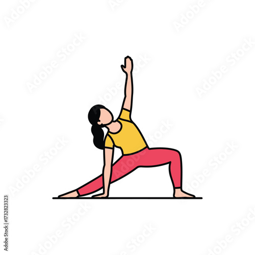 Stylized person performing extended side angle pose in yoga isolated on white background