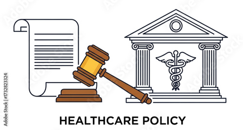 Illustration showing a gavel, legal document, and a building with the caduceus symbol indicating healthcare