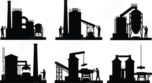 Industrial factory silhouette vector illustration, manufacturing plant icons with smokestacks, conveyor systems