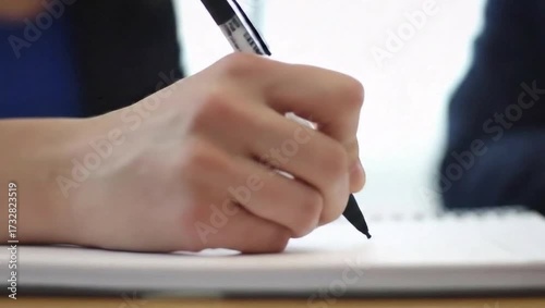 Young professional taking notes in office meeting.
