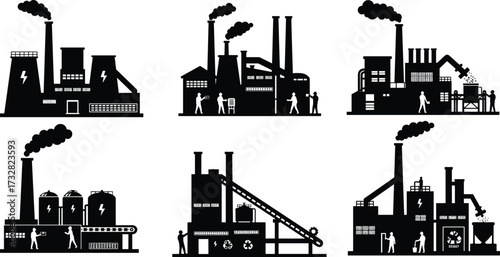 Industrial factory silhouettes, power generation plants, smokestacks with smoke, conveyor belts, recycling symbol, workers supervision