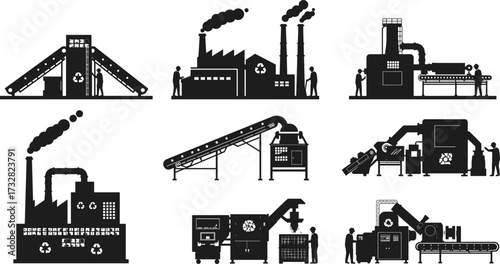 Industrial factory silhouette, recycling plant, heavy industry, machinery, conveyor belts, smokestacks, workers, eco process, sustainability, cad drawing flat vector illustration