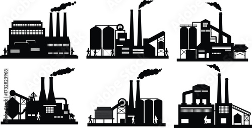 Industrial factory silhouette, manufacturing plant vector, refinery infrastructure, power station facility, heavy industry design, human scale concept, cad drawing flat vector illustration