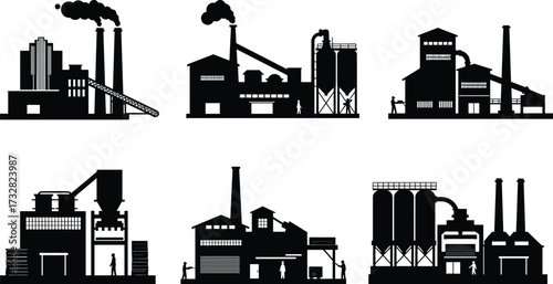 Industrial factory silhouette, manufacturing plant vector, refinery infrastructure, power station facility, heavy industry design, human scale figure, cad drawing flat vector illustration