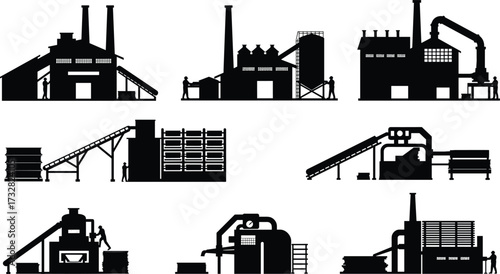 Industrial factory silhouette, manufacturing plant vector, refinery building illustration, power station design, heavy industry facility, smoke chimney icon, worker machinery, processing unit