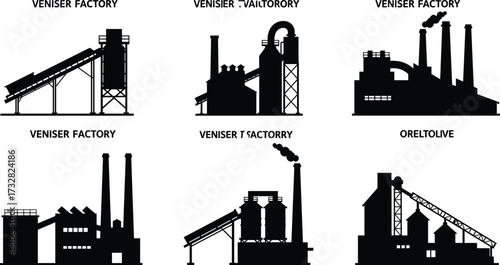 Industrial factory silhouette, manufacturing plant vector, refinery building design, power station illustration, heavy industry facility, smoke chimney icon, worker machinery, storage structure