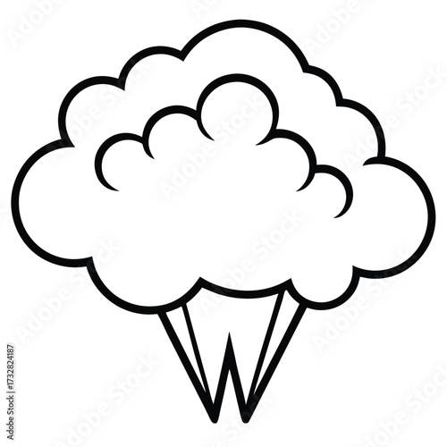 Outline of a fluffy explosion or cloud with bursts emanating downward in monochrome