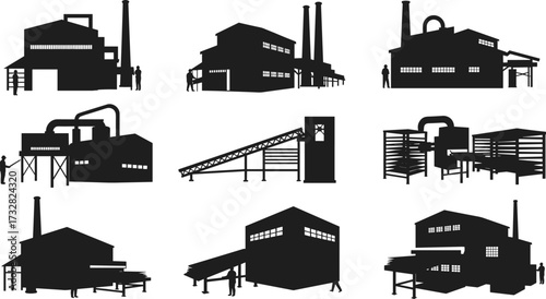 Industrial factory silhouette, manufacturing plant, refinery building, machinery, workers, smokestacks