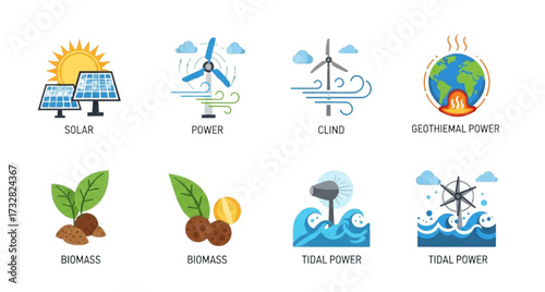 Illustration showing various sources of renewable energy including solar wind geothermal biomass and tidal