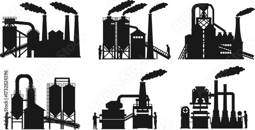 Industrial factory silhouette, manufacturing plant vector, refinery illustration, power plant design, heavy industry icon, black smoke chimney, worker machinery scene