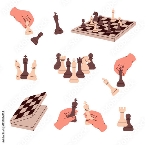 Collection of chess elements with hands, pieces, board and gameplay moments illustrating tactics and strategic thinking