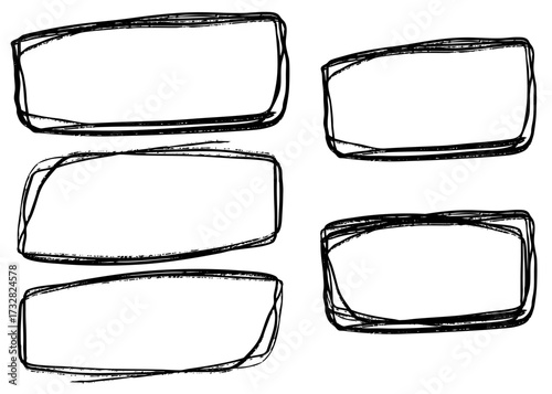 Set of rectangular and square grunge frames. Black charcoal, chalk and ink drawn borders for posters, banners, covers, web, scrapbooking, and graphic design projects. Vector illustration.