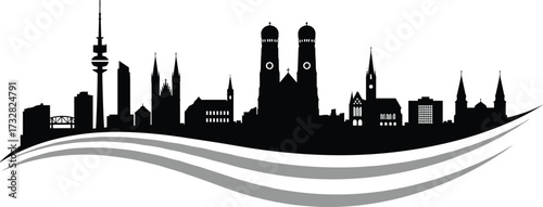 Modern Munich skyline silhouette, iconic German architecture, cityscape vector with wave design, tourism concept, black city illustration for print, web, branding