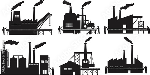 Industrial factory silhouettes, manufacturing plant vector, smokestacks with smoke, conveyor belts
