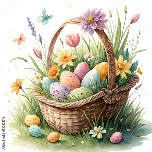 Watercolor Easter Basket with Colorful Eggs and Spring Flowers Illustration